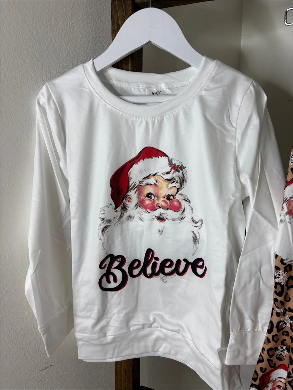 Kids 'Believe' Santa Set - White Top & Leopard Santa Pants Size 5/6
